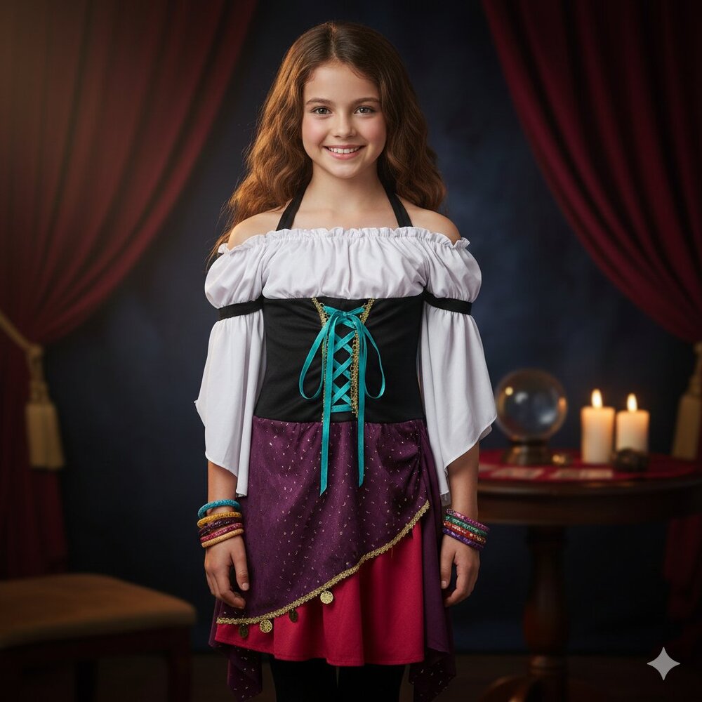 Fortune Teller Gypsy Esmeralda Costume Crystal Ball Dress Girls Medium M 8-10